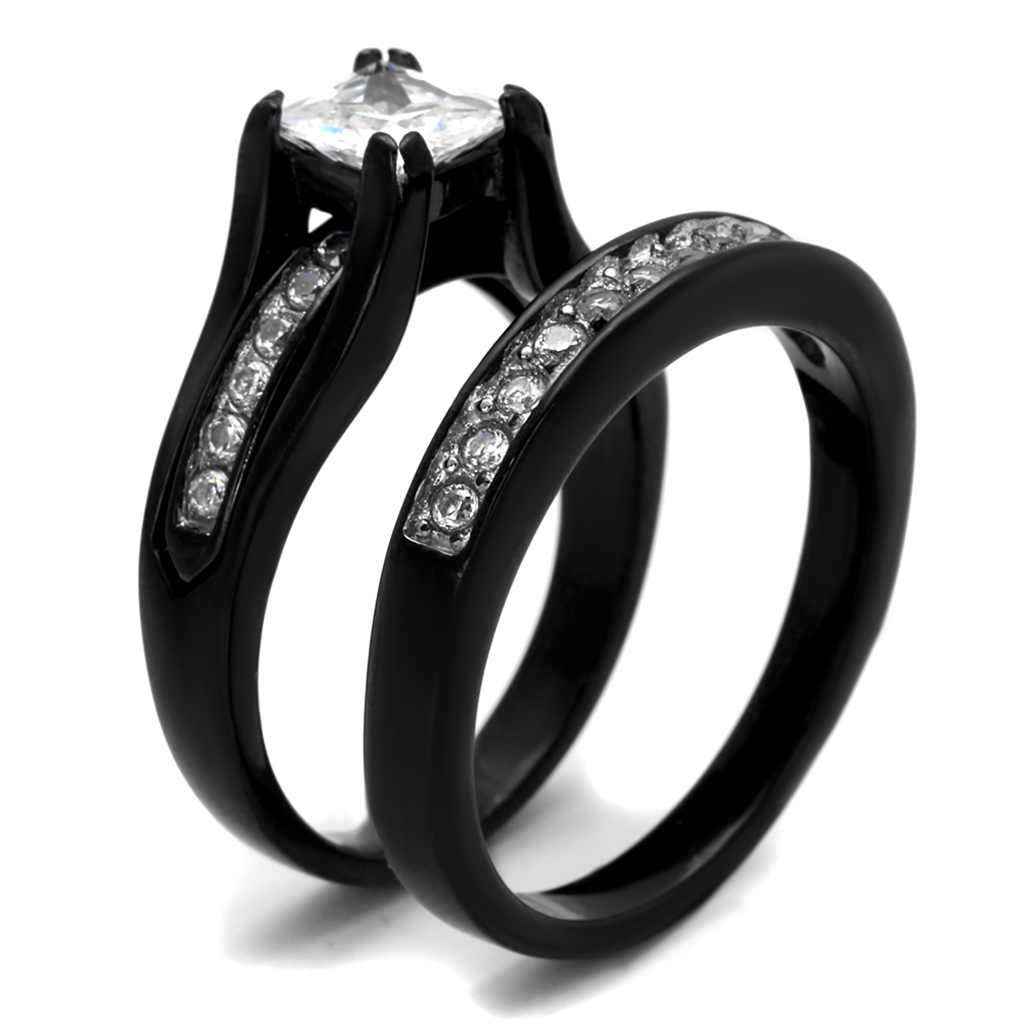 CJ0W383J Wholesale Women's Stainless Steel Two-Tone IP Black AAA Grade CZ Clear Wedding Ring Set