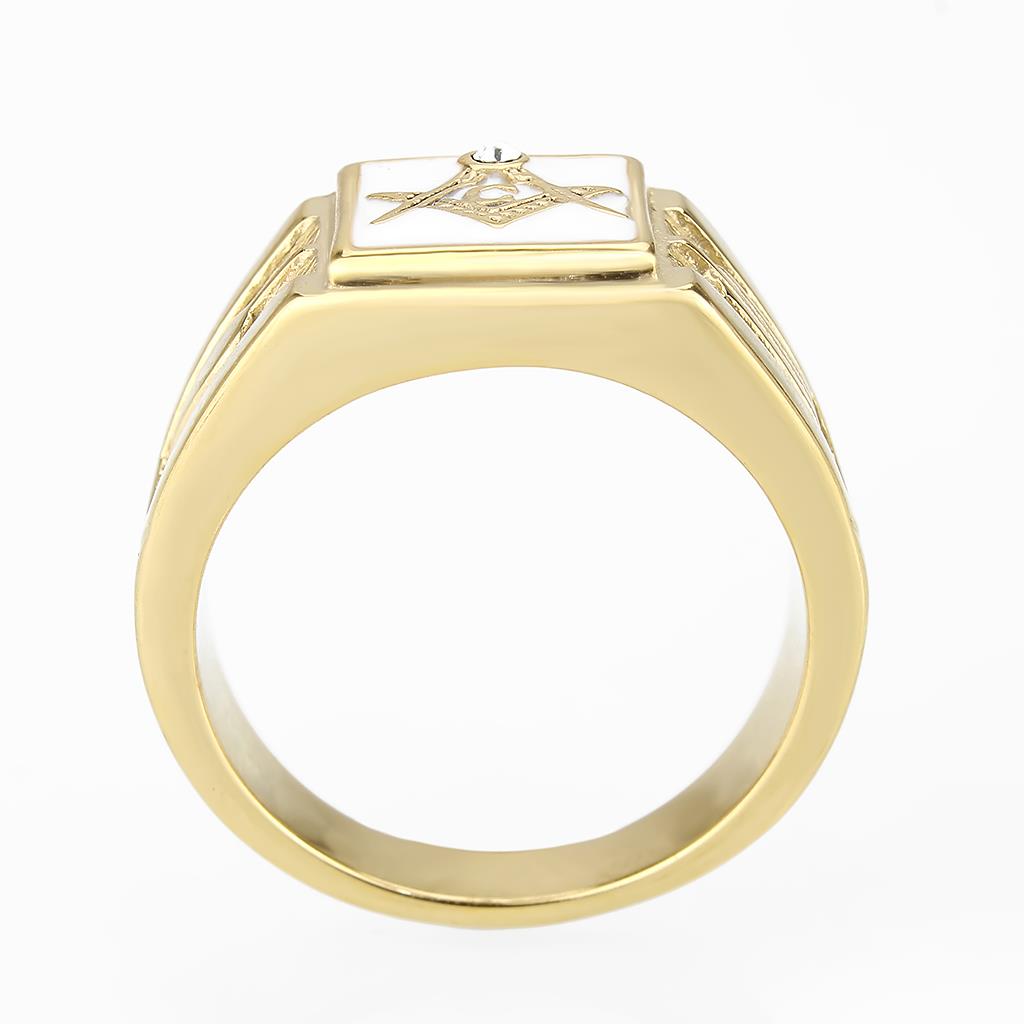 CJ1159W Wholesale Men's Stainless Steel IP Gold Top Grade Crystal Clear Freemason Ring