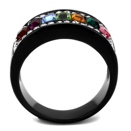 CJ1402J Wholesale Women's Stainless Steel IP Black Top Grade Crystal Multi Color Ring