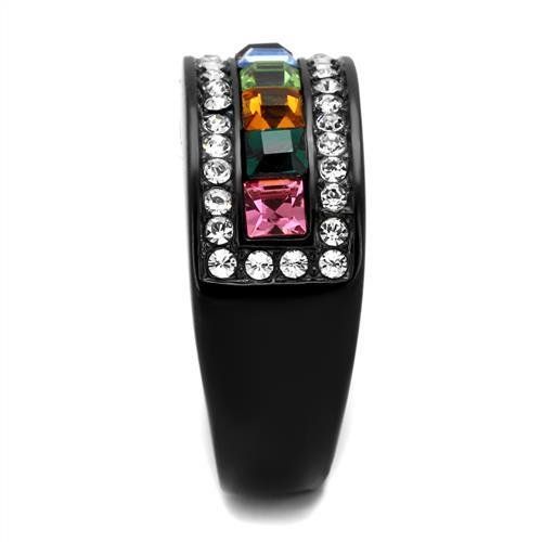 CJ1402J Wholesale Women's Stainless Steel IP Black Top Grade Crystal Multi Color Ring