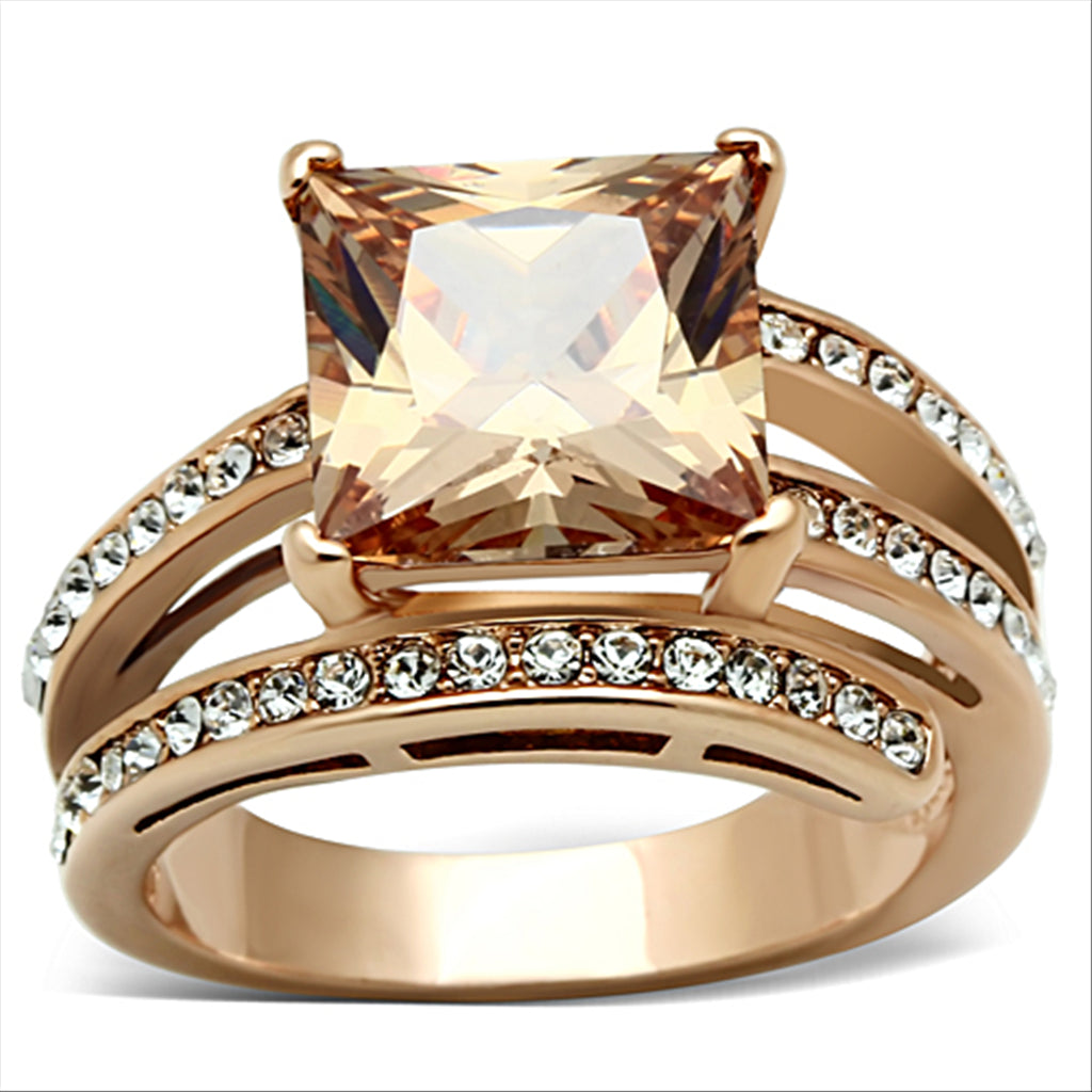 CJ1665 IP Rose Gold Stainless Steel Champagne CZ Cocktail Ring