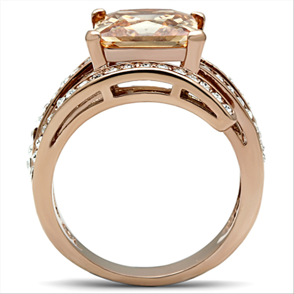 IP Rose Gold Stainless Steel Champagne CZ Cocktail Ring