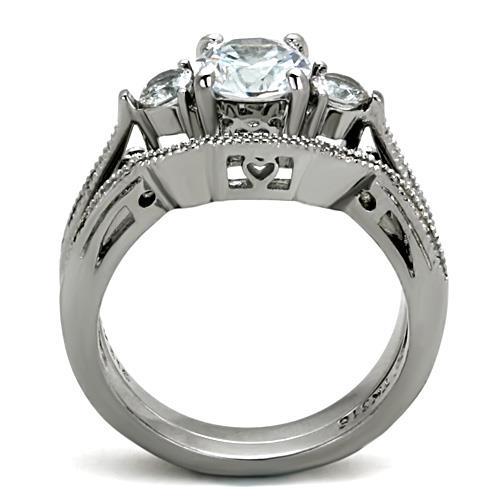 CJE1W002 Wholesale Women's Stainless Steel AAA Grade CZ Clear Three Stone Wedding Ring Set