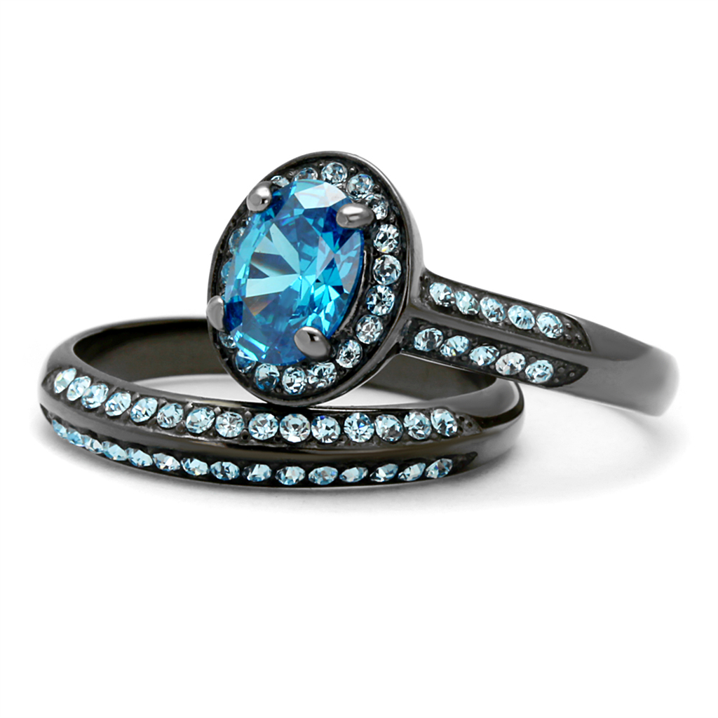 CJ1W163LJ Wholesale 2.10 ct. Sea Blue CZ Black IP Plated Ring Set