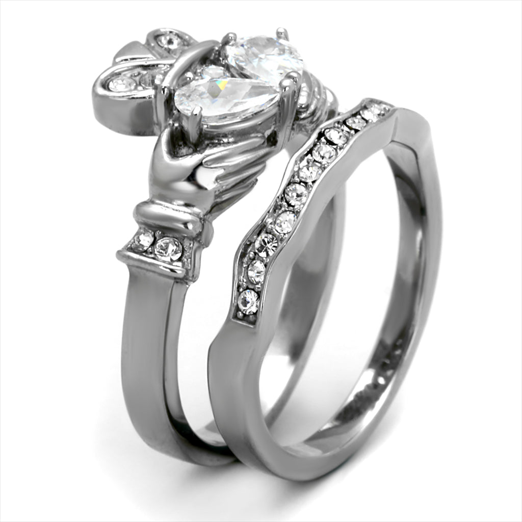 CJE2119 Women&#39;s Stainless Steel Clear CZ Claddagh Ring Set