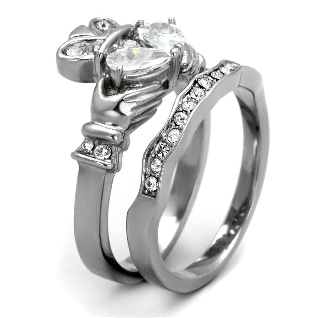 CJE2119 Women's Stainless Steel Clear CZ Claddagh Ring Set