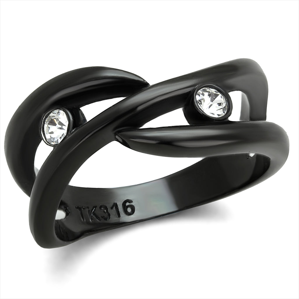 CJ2137 Wholesale Women&#39;s Stainless Steel IP Black Top Grade Crystal Clear Minimal Wrapped Ring