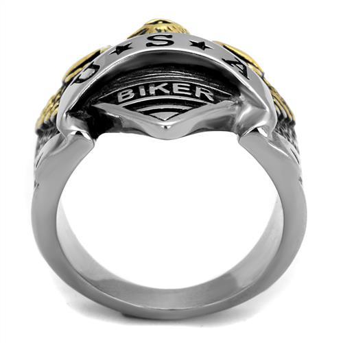 CJE2327 Wholesale Men's Stainless Steel Two-Tone IP Gold Epoxy Jet U.S.A. Biker Ring
