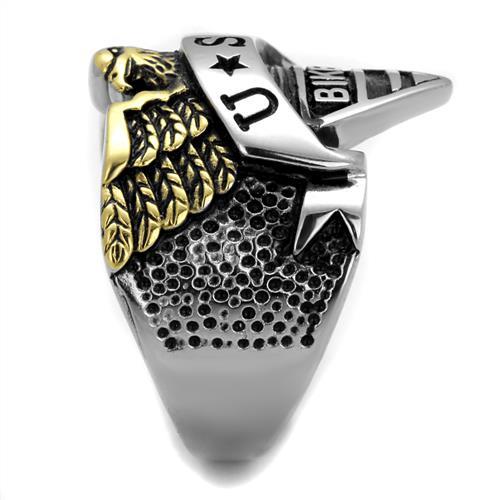 CJE2327 Wholesale Men's Stainless Steel Two-Tone IP Gold Epoxy Jet U.S.A. Biker Ring