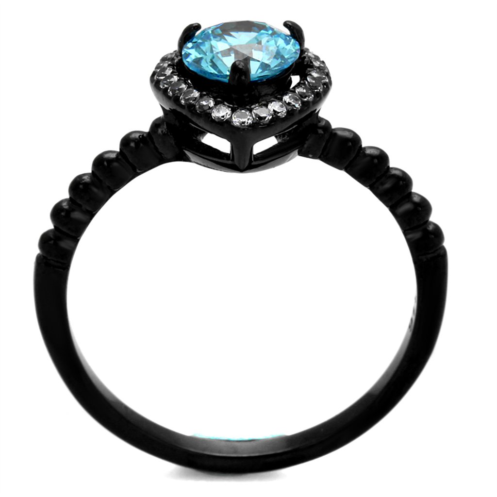 CJ2364 Wholesale Women's Stainless Steel IP Black AAA Grade CZ Sea Blue Ring