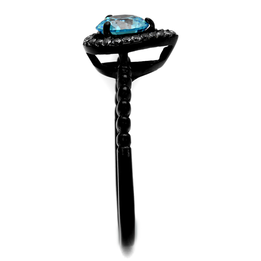 CJ2364 Wholesale Women's Stainless Steel IP Black AAA Grade CZ Sea Blue Ring