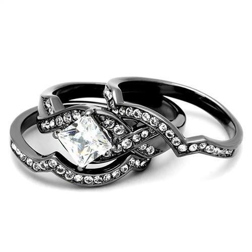 CJ2741 Wholesale Women's Stainless Steel IP Light Black AAA Grade CZ Clear Ring Set