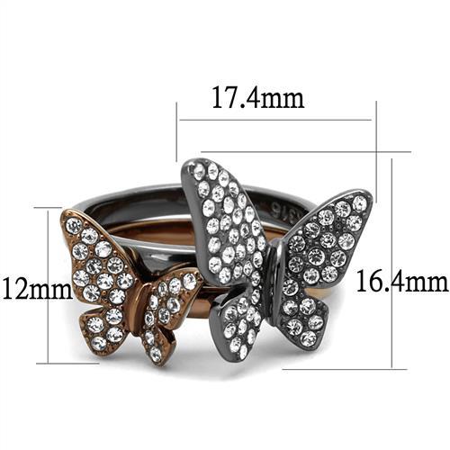 CJ2806 Wholesale Women&#39;s Stainless Steel IP Light Black &amp; IP Light coffee Women Top Grade Crystal Clear Butterfly Ring Set