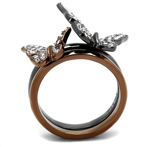 CJ2806 Wholesale Women's Stainless Steel IP Light Black & IP Light coffee Women Top Grade Crystal Clear Butterfly Ring Set