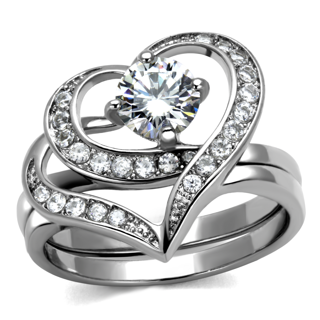 CJE2868 Stainless Steel AAA Grade CZ Heart Ring Set
