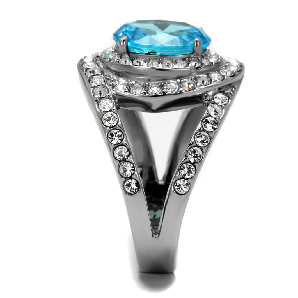 CJE2900 Stainless Steel Synthetic Sea Blue Glass Cocktail Ring