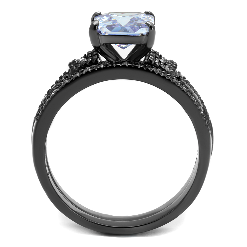 CJE2970 Wholesale Stainless Steel Light Black CZ Princess Cut Ring Set