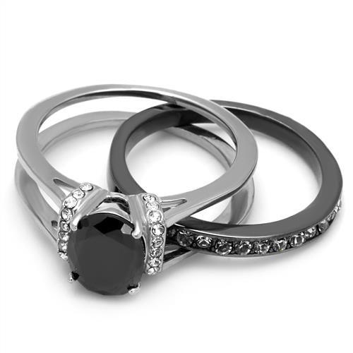 CJE2971 Wholesale Women's Stainless Steel Two-Tone IP Black Synthetic Jet Ring Set