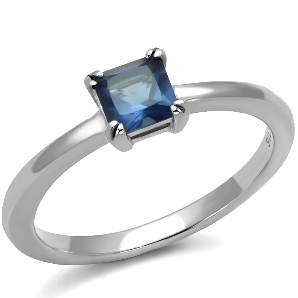 CJE2979 Wholesale Stainless Steel Blue Synthetic Glass Princess Solitaire Minimal Ring