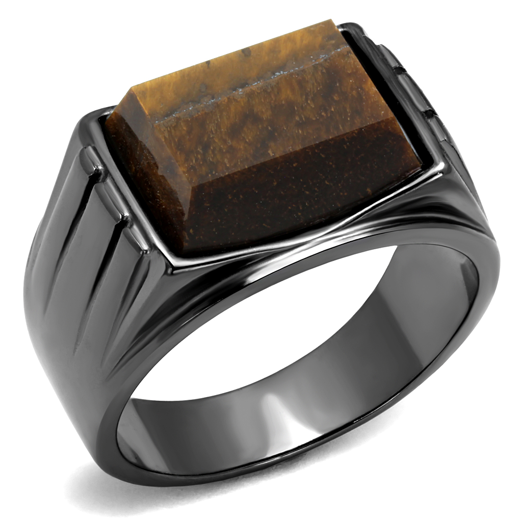 CJE3001 Wholesale Men's Stainless Steel IP Light Black Synthetic Tiger Eye Topaz Ring