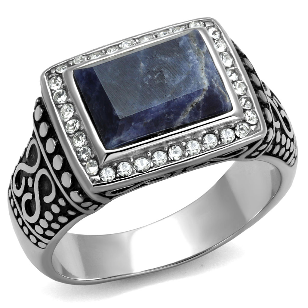 CJE3003 Wholesale Men's Stainless Steel Square Semi-Precious Sodalite Capri Blue Ring