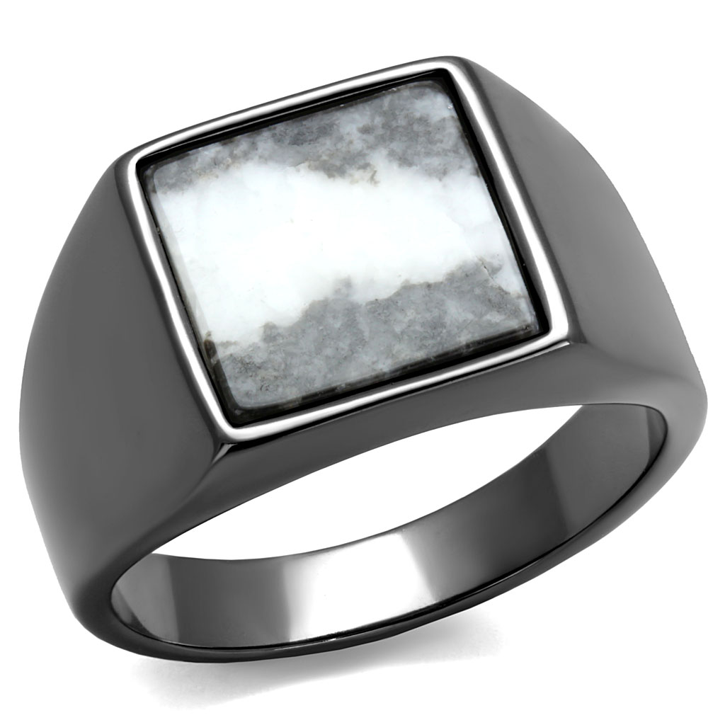 CJE3005 Wholesale Men's Stainless Steel IP Light Black Semi-Precious Zebra Jasper Square Gray Ring