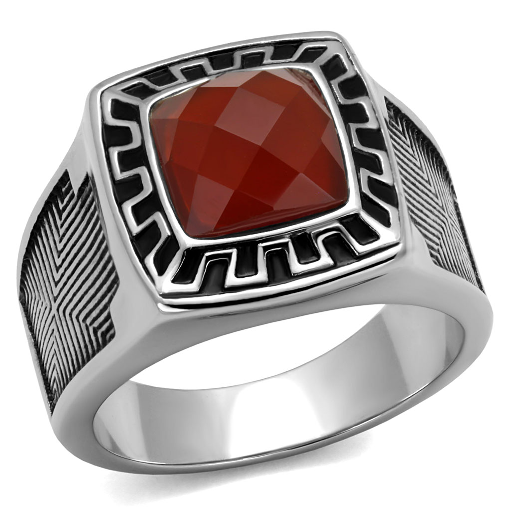 CJE3007 Wholesale Men's Stainless Steel Semi Precious Burgundy Agate Black Detailed Ring