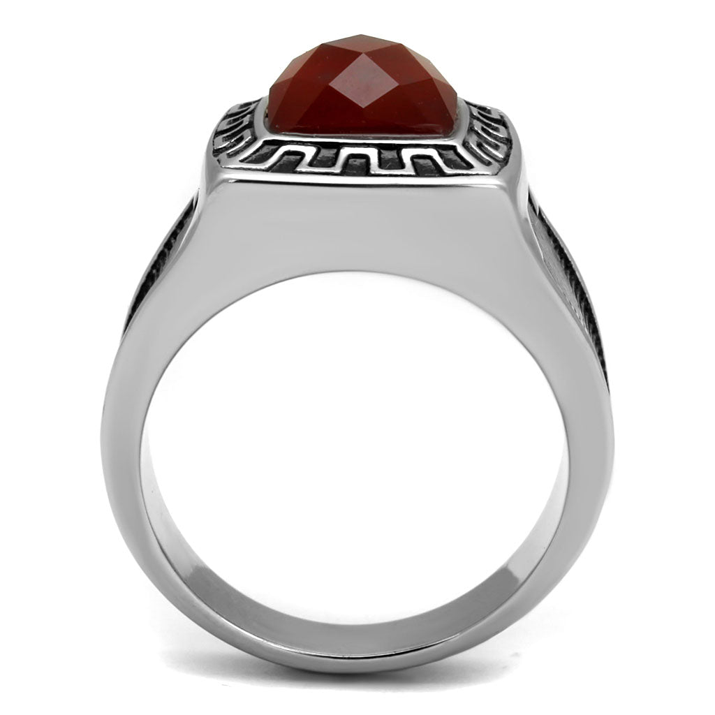 CJE3007 Wholesale Men&#39;s Stainless Steel Semi Precious Burgundy Agate Black Detailed Ring