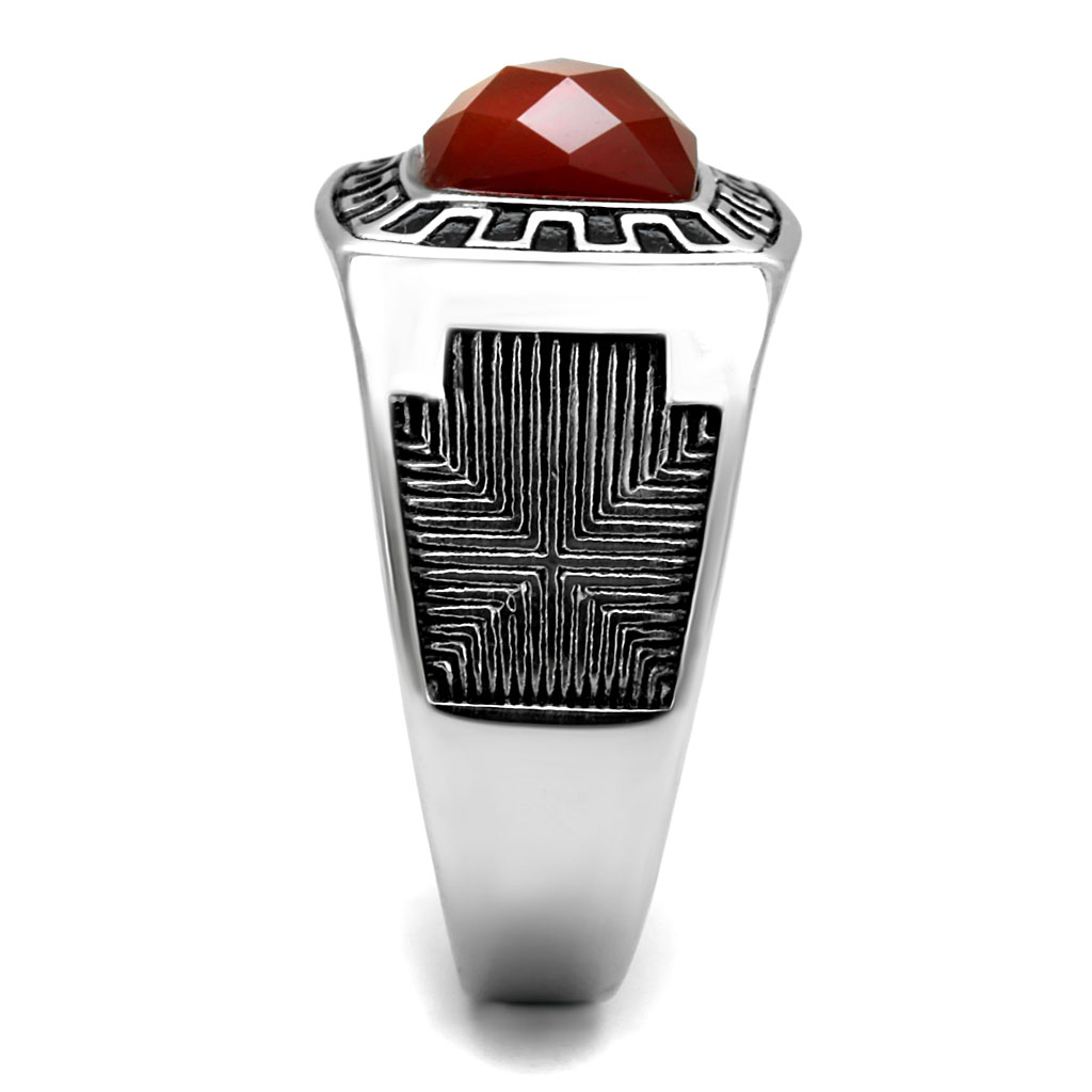 CJE3007 Wholesale Men's Stainless Steel Semi Precious Burgundy Agate Black Detailed Ring