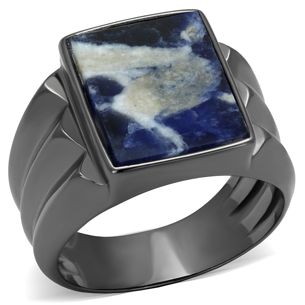 CJE3012 Wholesale Men's Stainless Steel IP Light Black Semi-Precious Sodalite Square Capri Blue Ring