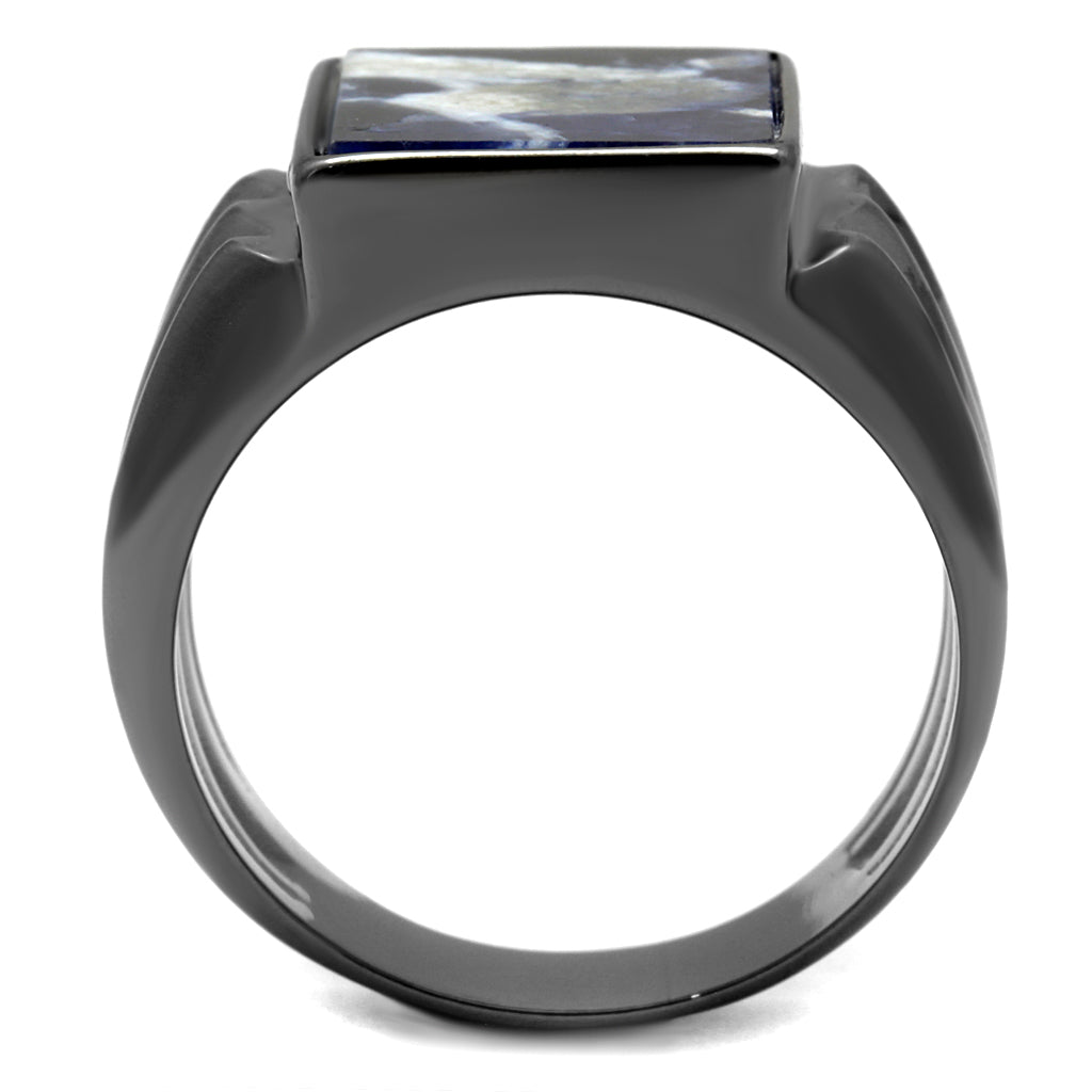 CJE3012 Wholesale Men&#39;s Stainless Steel IP Light Black Semi-Precious Sodalite Square Capri Blue Ring