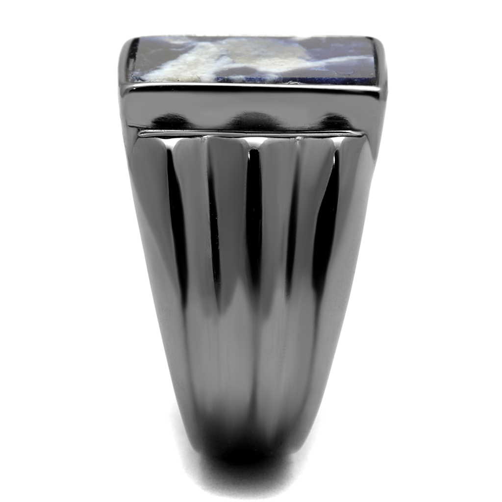 CJE3012 Wholesale Men's Stainless Steel IP Light Black Semi-Precious Sodalite Square Capri Blue Ring