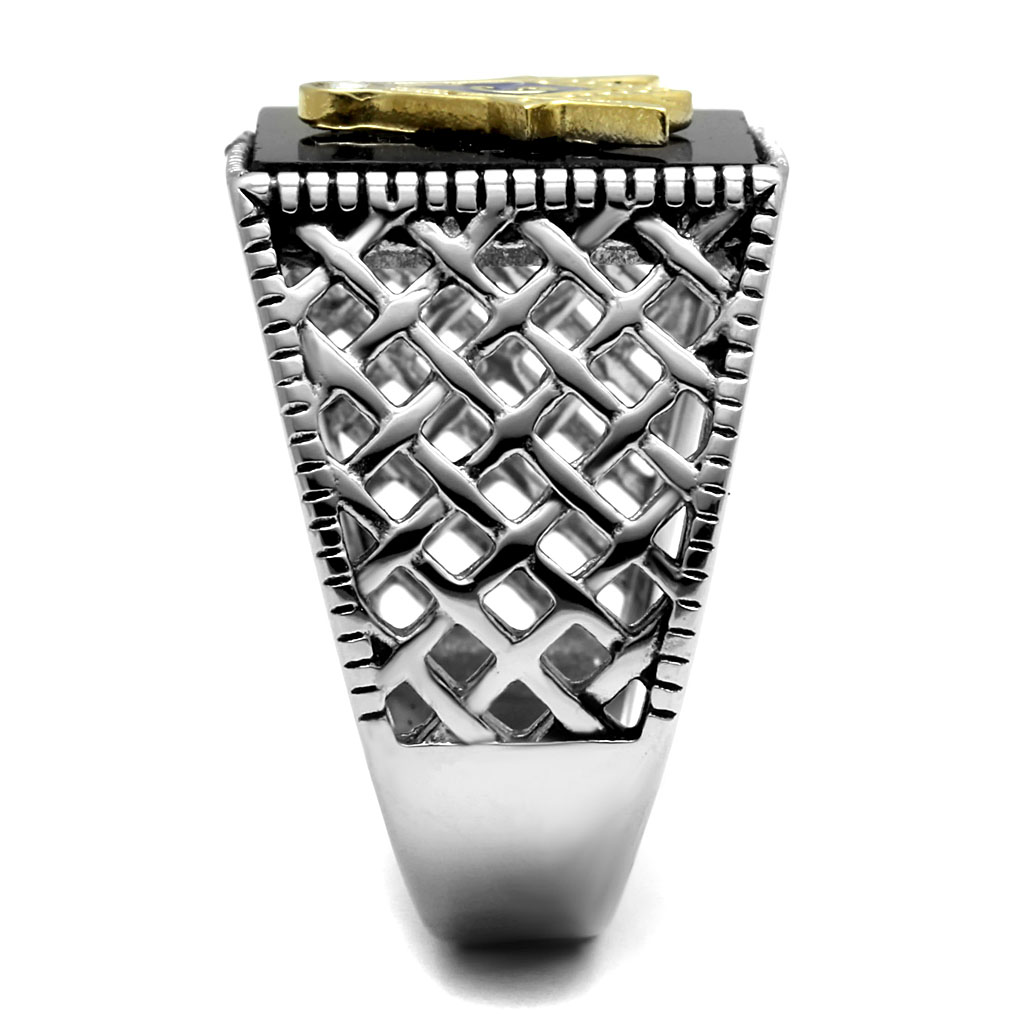 CJE3018 Wholesale Men's Stainless Steel Two Tone IP Gold Jet Black Agate Masonic Ring