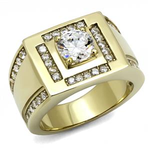 CJE3079 Wholesale Men&#39;s Stainless Steel IP Gold Clear Round AAA Grade CZ Ring