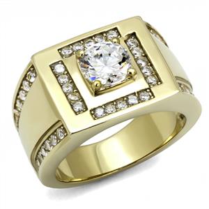 CJE3079 Wholesale Men's Stainless Steel IP Gold Clear Round AAA Grade CZ Ring