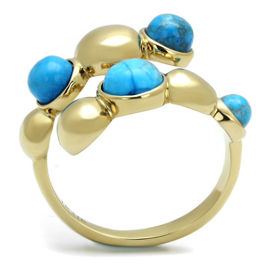 CJE3091 Wholesale Women&#39;s Stainless Steel IP Gold Round Semi-Precious Turquoise Minimal Bubble Ring