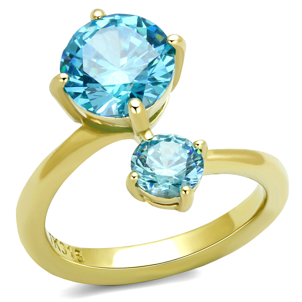 CJE3092 Wholesale Stainless Steel IP Gold Round Sea Blue Round CZ Ring