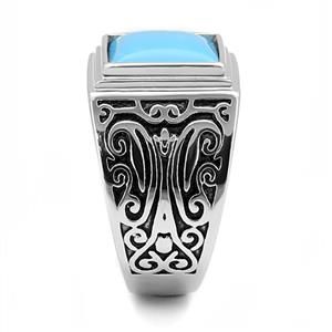 CJE3188 Wholesale Men's Stainless Steel Sea Blue Synthetic Turquoise Ring
