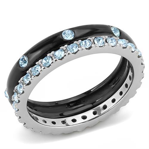 CJE3233 Wholesale Women&#39;s Stainless Steel Two-Tone IP Black Top Grade Crystal Sea Blue Stackable Ring