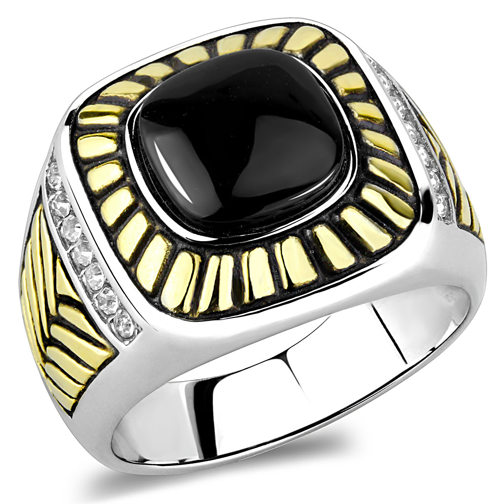 CJ3294 Wholesale Men&#39;s Stainless Steel Two-Tone IP Gold Synthetic Jet Ring