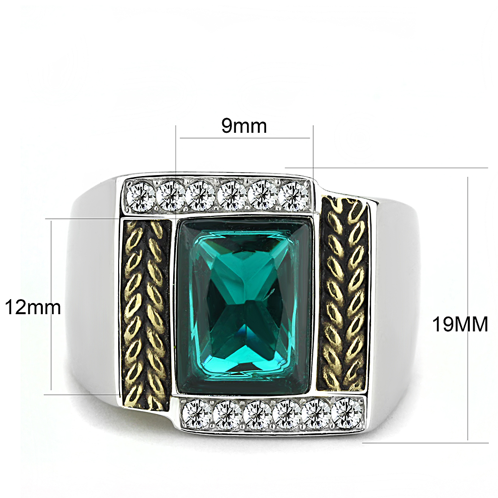 CJ3295 Wholesale Men's Stainless Steel Two-Tone IP Gold Synthetic Blue Zircon Ring