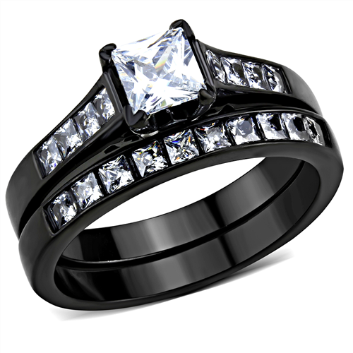 CJE3555 Wholesale Women's Stainless Steel IP Black AAA Grade CZ Clear Ring Set