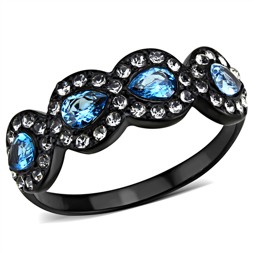 CJE3559 Wholesale Women's Stainless Steel IP Black AAA Grade CZ Sea Blue Ring