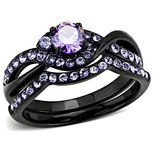 CJE3560 Wholesale Women's Stainless Steel IP Black AAA Grade CZ Amethyst Ring Set
