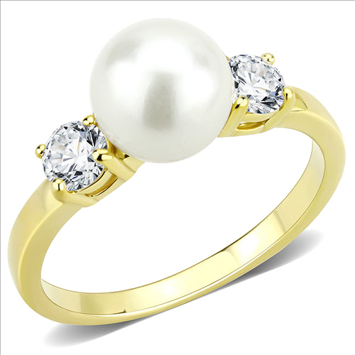 CJE3567 Wholesale Women&#39;s Stainless Steel IP Gold Synthetic Minimal White Pearl Ring