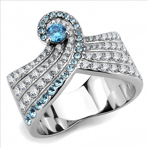 CJE3572 Wholesale Women&#39;s Stainless Steel No Plating AAA Grade CZ Sea Blue Wave Ring