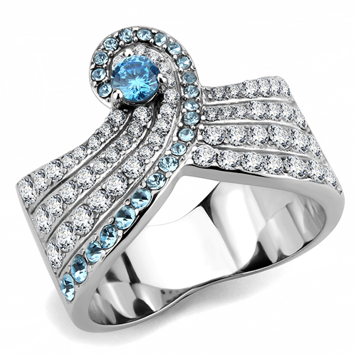 CJE3572 Wholesale Women's Stainless Steel No Plating AAA Grade CZ Sea Blue Wave Ring