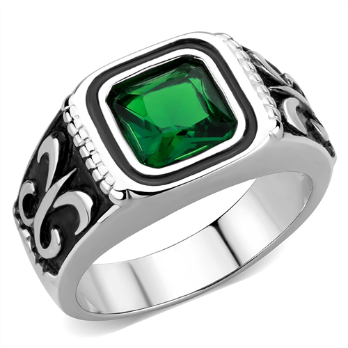 CJE3616 Wholesale Men's Stainless Steel Synthetic Emerald Ring - Main Image