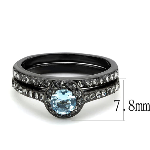 CJE3634 Wholesale Women&#39;s Stainless Steel IP Black Synthetic Sea Blue Ring Set