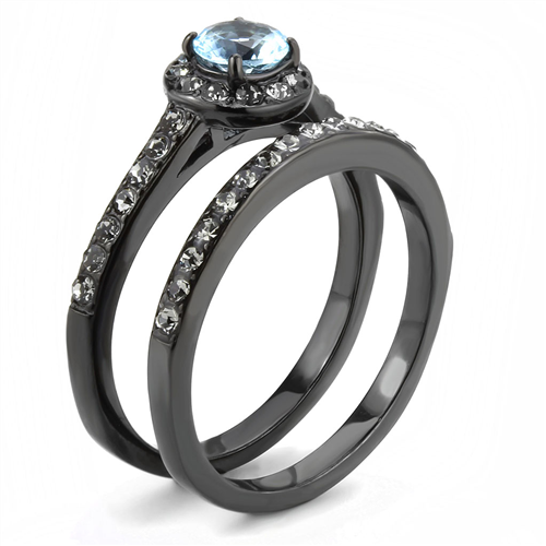 CJE3634 Wholesale Women's Stainless Steel IP Black Synthetic Sea Blue Ring Set
